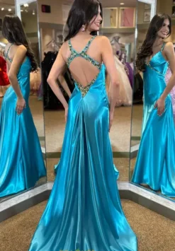 Beaded V Neck Satin Long Dress 4321