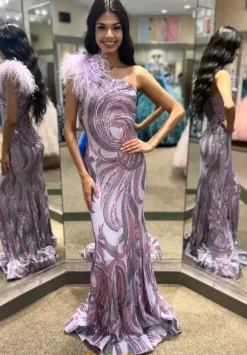 Single Shoulder Fully Beaded Dress 32596