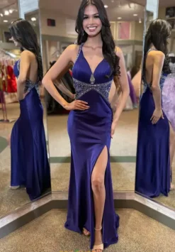 V Neck Satin Long Dress 4302