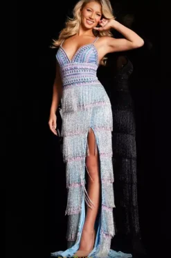 V Neckline Beaded Long Dress 38846