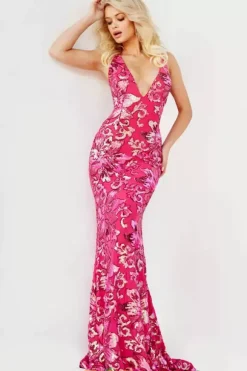V Neckline Long Fitted Dress 08462